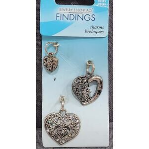 Jewelry Essentials 3 Piece Heart Charms Silver Metal NWT Filigree
